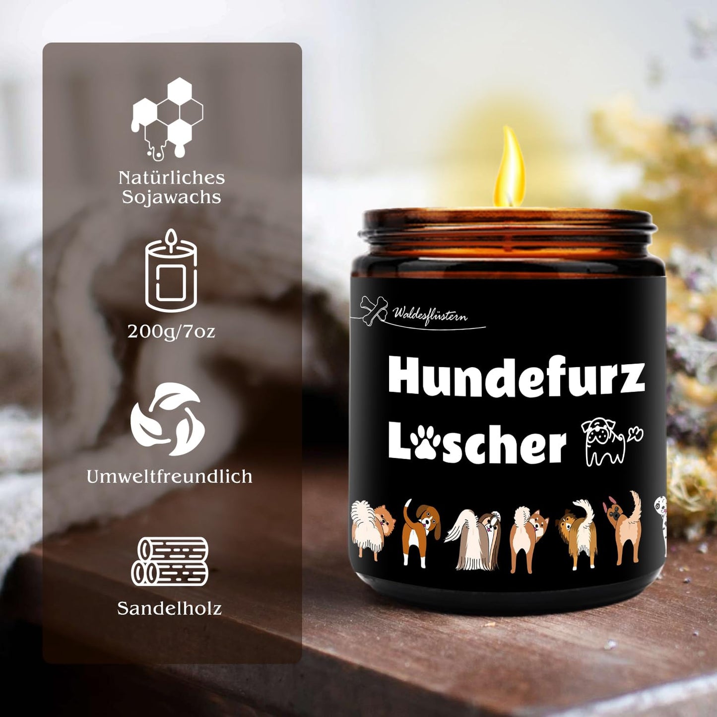 Geschenk für Hundebesitzer Frau, Lustige Duftkerzen im Glas, 200g Kerze Duft mit Spruch Hundefurz Löscher, Weihnachtsgeschenke Geburtstagsgeschenk für Tierliebhaber, Freunde, Familie, Kollegen [Energieklasse A]